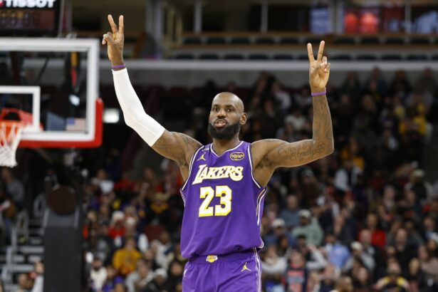 Los Angeles Lakers forward LeBron James (23) reacts against the Chicago Bulls during the second half at United Center.
