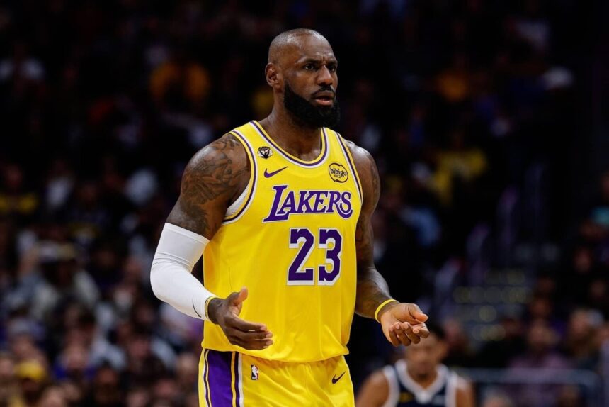 Jan 20, 2026; Denver, Colorado, USA; Los Angeles Lakers forward LeBron James (23) reacts after a play in the first quarter against the Denver Nuggets at Ball Arena. Mandatory Credit: Isaiah J. Downing-Imagn Images