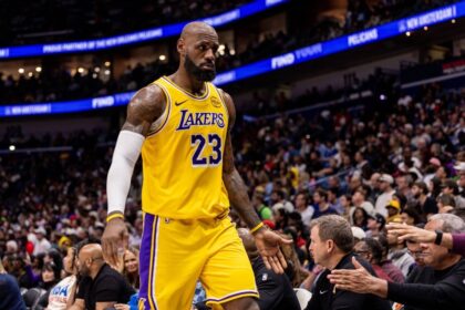Jan 6, 2026; New Orleans, Louisiana, USA; Los Angeles Lakers forward LeBron James (23) returns to the bench against the New Orleans Pelicans during the second half at Smoothie King Center. Mandatory Credit: Stephen Lew-Imagn Images