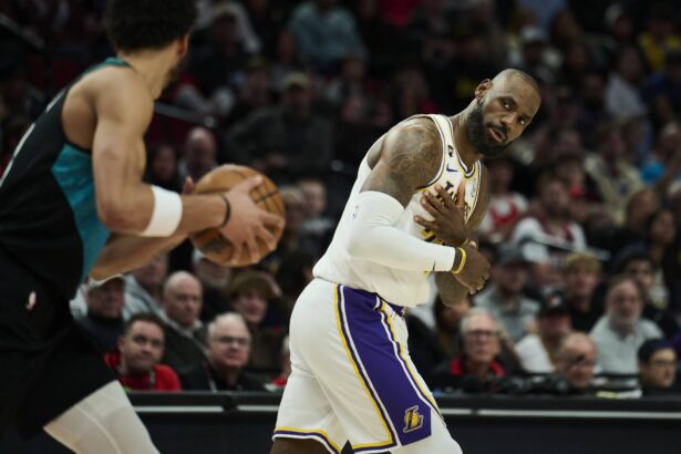 Los Angeles Lakers forward LeBron James (23) looks back at Portland Trail Blazers forward Toumani Camara (33) during the second half at Moda Center.