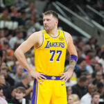 Jan 7, 2026; San Antonio, Texas, USA; Los Angeles Lakers forward/guard Luka Dončić (77) looks over in the first half against the San Antonio Spurs at Frost Bank Center. Mandatory Credit: Daniel Dunn-Imagn Images