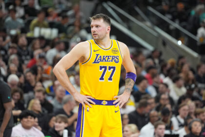 Jan 7, 2026; San Antonio, Texas, USA; Los Angeles Lakers forward/guard Luka Dončić (77) looks over in the first half against the San Antonio Spurs at Frost Bank Center. Mandatory Credit: Daniel Dunn-Imagn Images