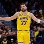 Jan 20, 2026; Denver, Colorado, USA; Los Angeles Lakers guard Luka Doncic (77) reacts after a play in the third quarter against the Denver Nuggets at Ball Arena. Mandatory Credit: Isaiah J. Downing-Imagn Images