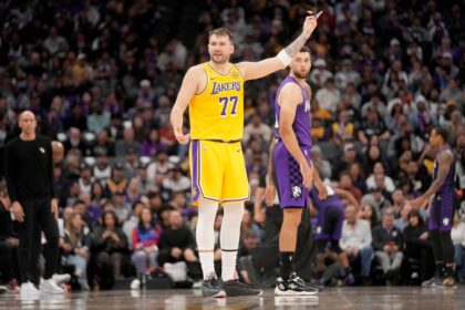 Jan 12, 2026; Sacramento, California, USA; Los Angeles Lakers guard Luka Doncic (77) reacts after missing a shot against the Sacramento Kings in the fourth quarter at the Golden 1 Center. Mandatory Credit: Cary Edmondson-Imagn Images