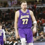 Jan 26, 2026; Chicago, Illinois, USA; Los Angeles Lakers guard Luka Doncic (77) reacts after scoring against the Chicago Bulls during the second half at United Center. Mandatory Credit: Kamil Krzaczynski-Imagn Images