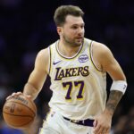 Los Angeles Lakers guard Luka Doncic (77) plays against the Philadelphia 76ers during the first quarter at Xfinity Mobile Arena.