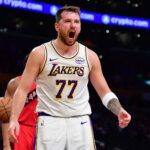 Los Angeles Lakers guard Luka Doncic (77) reacts during the first half at Crypto.com Arena.