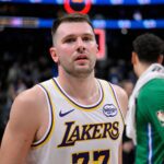 Los Angeles Lakers guard Luka Doncic (77) walks off the court after the Lakers win over the Dallas Mavericks at the American Airlines Center.