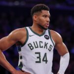 Nov 28, 2025; New York, New York, USA; Milwaukee Bucks forward Giannis Antetokounmpo (34) looks back during the second half against the New York Knicks at Madison Square Garden. Mandatory Credit: Vincent Carchietta-Imagn Images