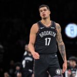 Brooklyn Nets forward Michael Porter Jr. (17) reacts after making a shot against the Toronto Raptors during the first half at Barclays Center.
