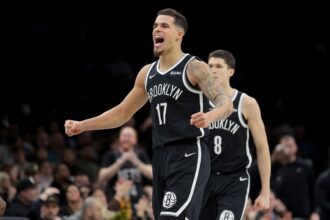 Dec 1, 2025; Brooklyn, New York, USA; Brooklyn Nets forward Michael Porter Jr. (17) reacts during the fourth quarter against the Charlotte Hornets at Barclays Center. Mandatory Credit: Brad Penner-Imagn Images