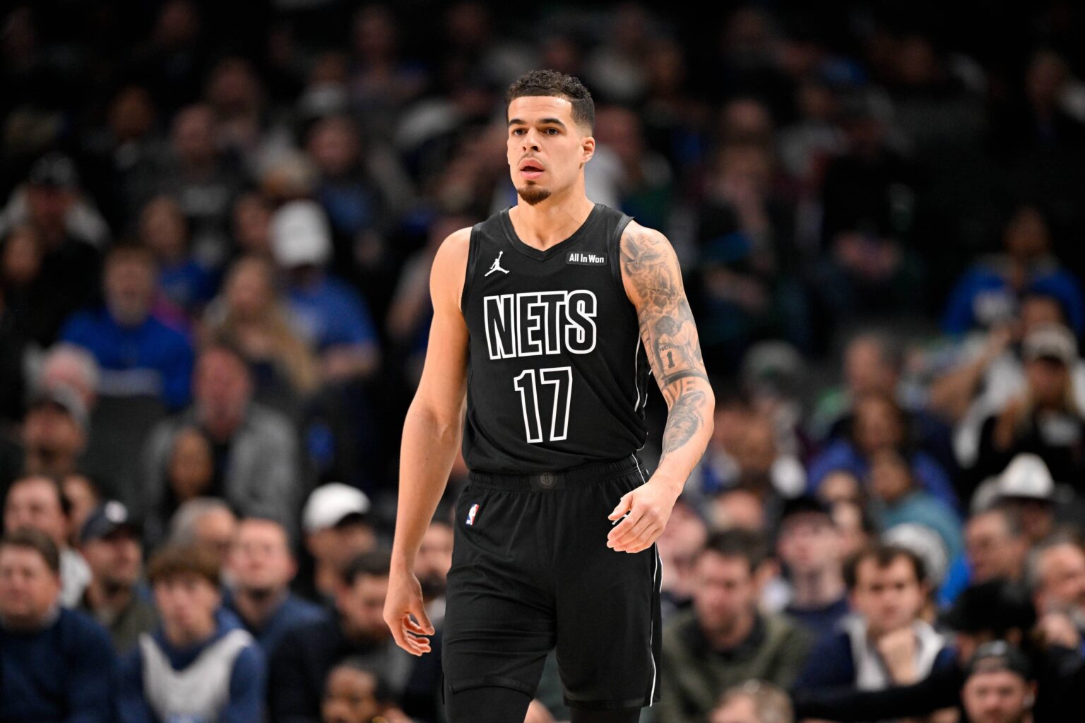 Jan 12, 2026; Dallas, Texas, USA; Brooklyn Nets forward Michael Porter Jr. (17) looks on during the first quarter against the Dallas Mavericks at the American Airlines Center. Mandatory Credit: Jerome Miron-Imagn Images