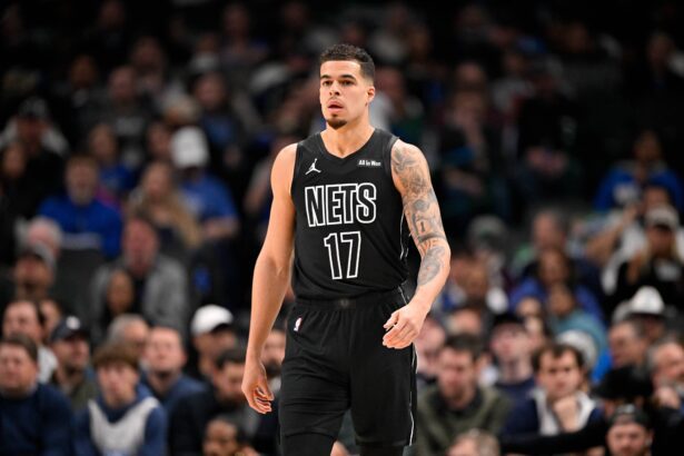 Jan 12, 2026; Dallas, Texas, USA; Brooklyn Nets forward Michael Porter Jr. (17) looks on during the first quarter against the Dallas Mavericks at the American Airlines Center. Mandatory Credit: Jerome Miron-Imagn Images