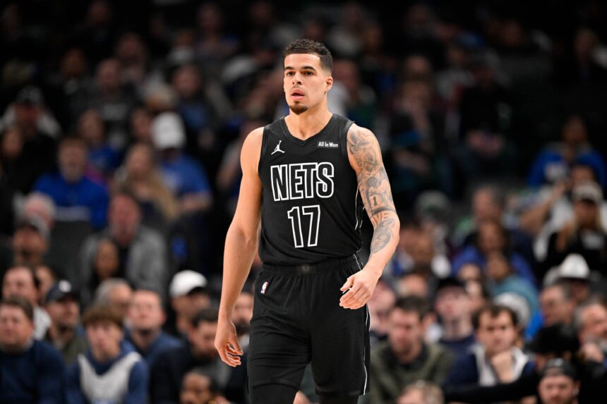 Jan 12, 2026; Dallas, Texas, USA; Brooklyn Nets forward Michael Porter Jr. (17) looks on during the first quarter against the Dallas Mavericks at the American Airlines Center. Mandatory Credit: Jerome Miron-Imagn Images