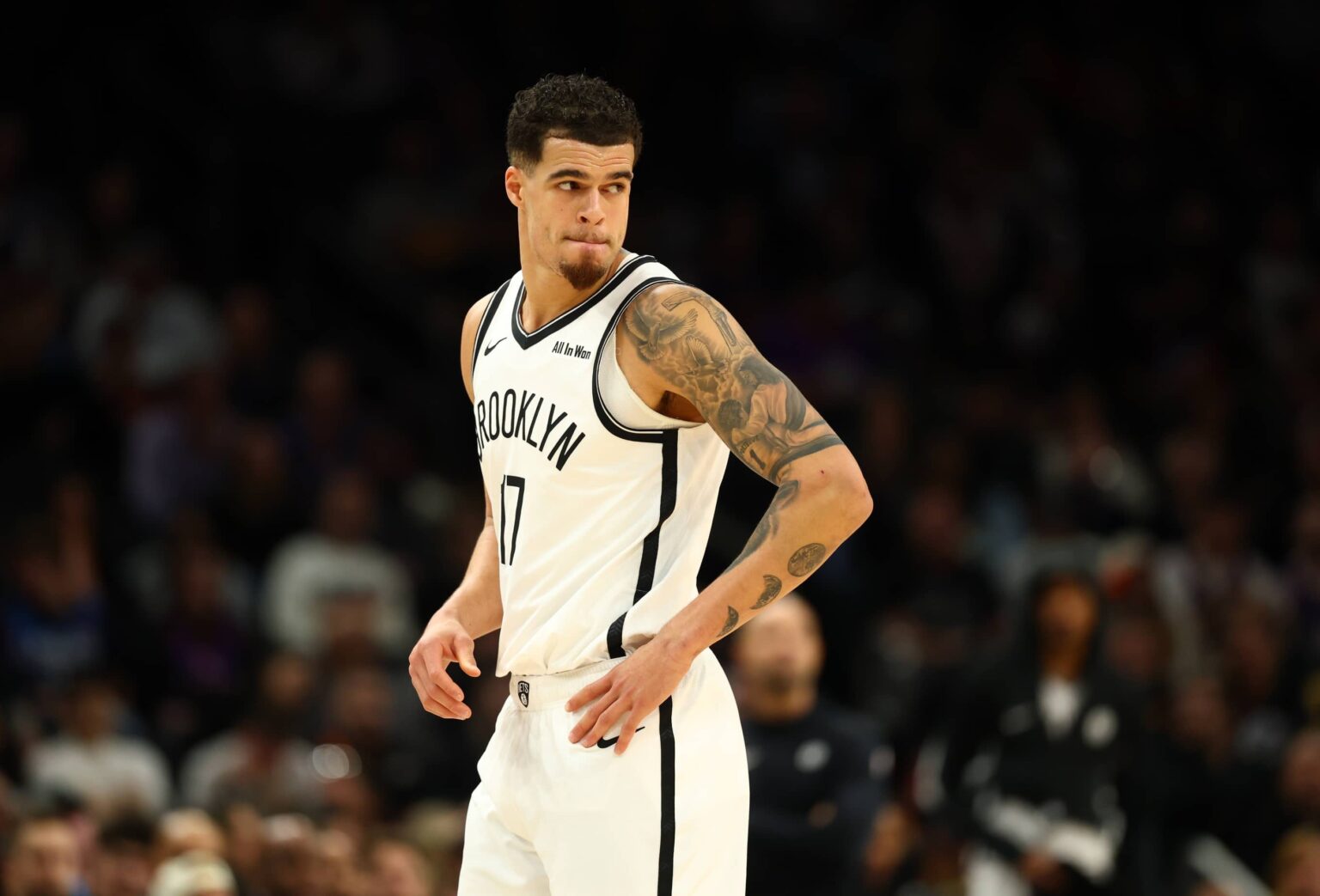 Jan 27, 2026; Phoenix, Arizona, USA; Brooklyn Nets forward Michael Porter Jr. (17) against the Phoenix Suns at Mortgage Matchup Center. Mandatory Credit: Mark J. Rebilas-Imagn Images