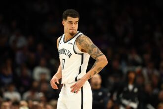 Jan 27, 2026; Phoenix, Arizona, USA; Brooklyn Nets forward Michael Porter Jr. (17) against the Phoenix Suns at Mortgage Matchup Center. Mandatory Credit: Mark J. Rebilas-Imagn Images