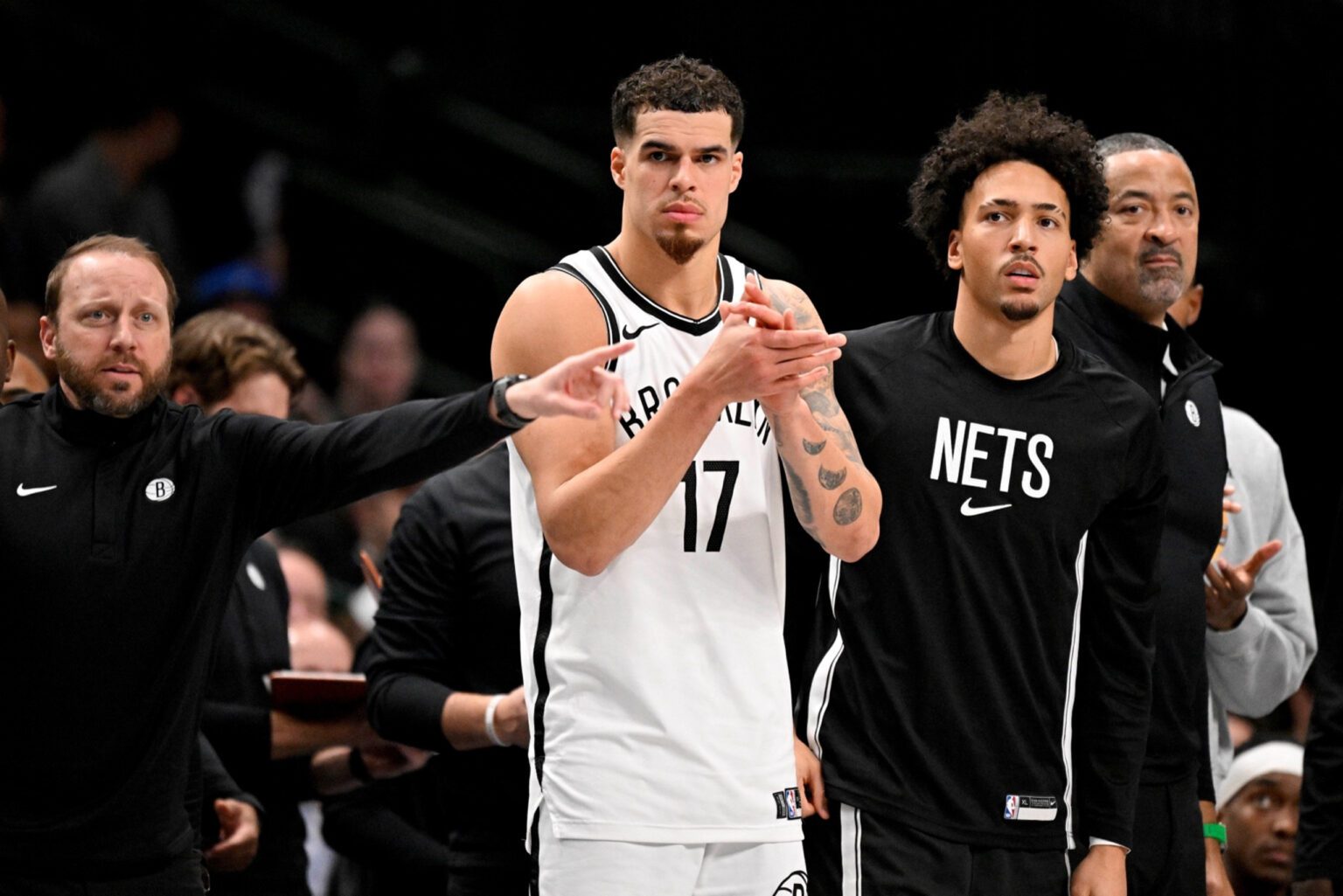 Dec 12, 2025; Dallas, Texas, USA; Brooklyn Nets forward Michael Porter Jr. (17) looks on from the team bench during the second half against the Dallas Mavericks at the American Airlines Center. Mandatory Credit: Jerome Miron-Imagn Images