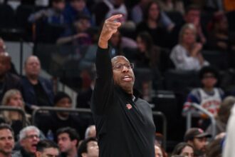 Jan 17, 2026; New York, New York, USA; New York Knicks head coach Mike Brown reacts during the first half against the Phoenix Suns at Madison Square Garden. Mandatory Credit: John Jones-Imagn Images