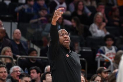 Jan 17, 2026; New York, New York, USA; New York Knicks head coach Mike Brown reacts during the first half against the Phoenix Suns at Madison Square Garden. Mandatory Credit: John Jones-Imagn Images
