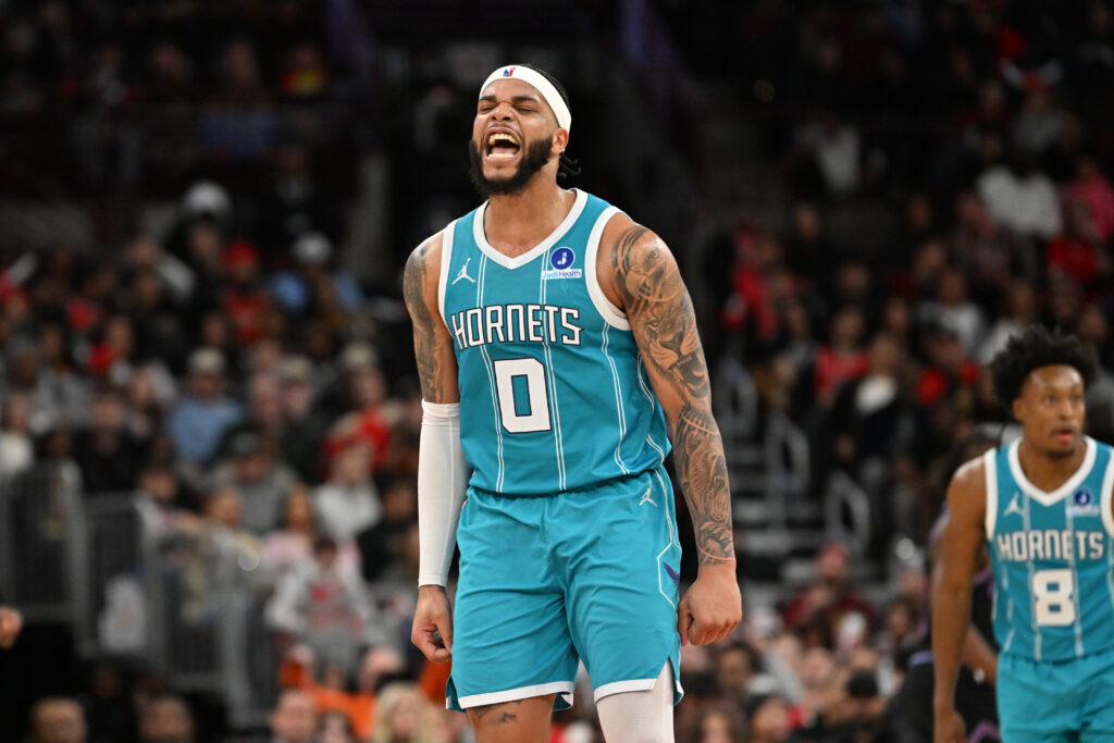 Jan 3, 2026; Chicago, Illinois, USA; Charlotte Hornets forward Miles Bridges (0) reacts against the Chicago Bulls during the second half at United Center. Mandatory Credit: Patrick Gorski-Imagn Images