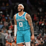 Jan 3, 2026; Chicago, Illinois, USA; Charlotte Hornets forward Miles Bridges (0) reacts against the Chicago Bulls during the second half at United Center. Mandatory Credit: Patrick Gorski-Imagn Images