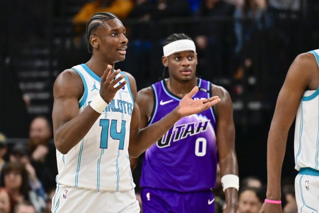 Jan 10, 2026; Salt Lake City, Utah, USA; Charlotte Hornets forward Moussa Diabaté (14) reacts to a call against him during the first half against the Utah Jazz at Delta Center. Mandatory Credit: Peter Creveling-Imagn Images