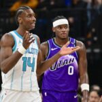 Jan 10, 2026; Salt Lake City, Utah, USA; Charlotte Hornets forward Moussa Diabaté (14) reacts to a call against him during the first half against the Utah Jazz at Delta Center. Mandatory Credit: Peter Creveling-Imagn Images