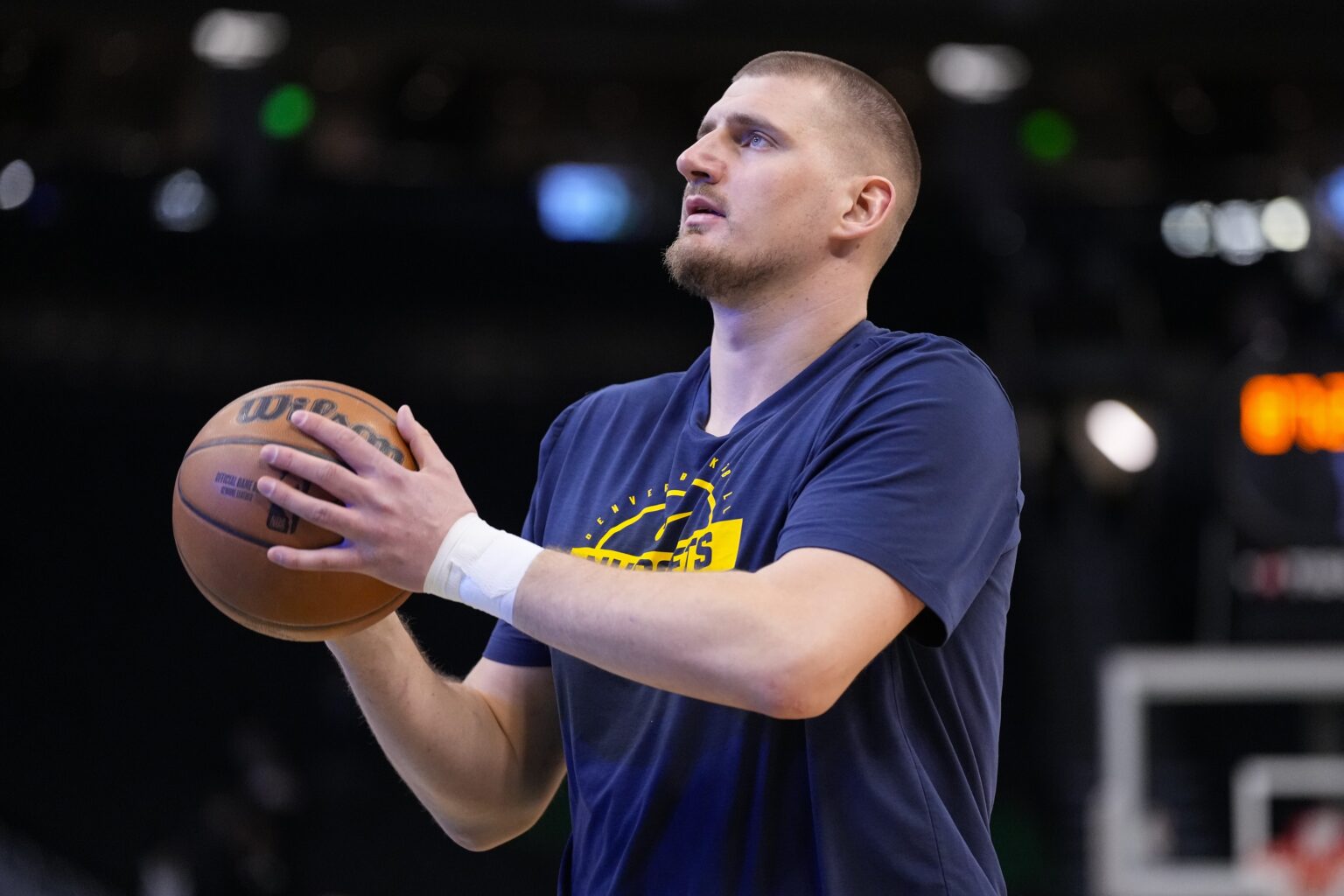 Jan 23, 2026; Milwaukee, Wisconsin, USA; Denver Nuggets center Nikola Jokic (15) during warmups prior to the game against the Milwaukee Bucks at Fiserv Forum. Mandatory Credit: Jeff Hanisch-Imagn Images