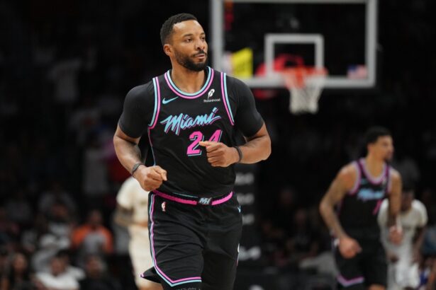 Jan 4, 2026; Miami, Florida, USA; Miami Heat guard Norman Powell (24) scored 34 points against the New Orleans Pelicans at Kaseya Center. Mandatory Credit: Jim Rassol-Imagn Images