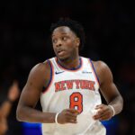 Jan 9, 2026; Phoenix, Arizona, USA; New York Knicks forward OG Anunoby (8) against the Phoenix Suns at Mortgage Matchup Center. Mandatory Credit: Mark J. Rebilas-Imagn Images