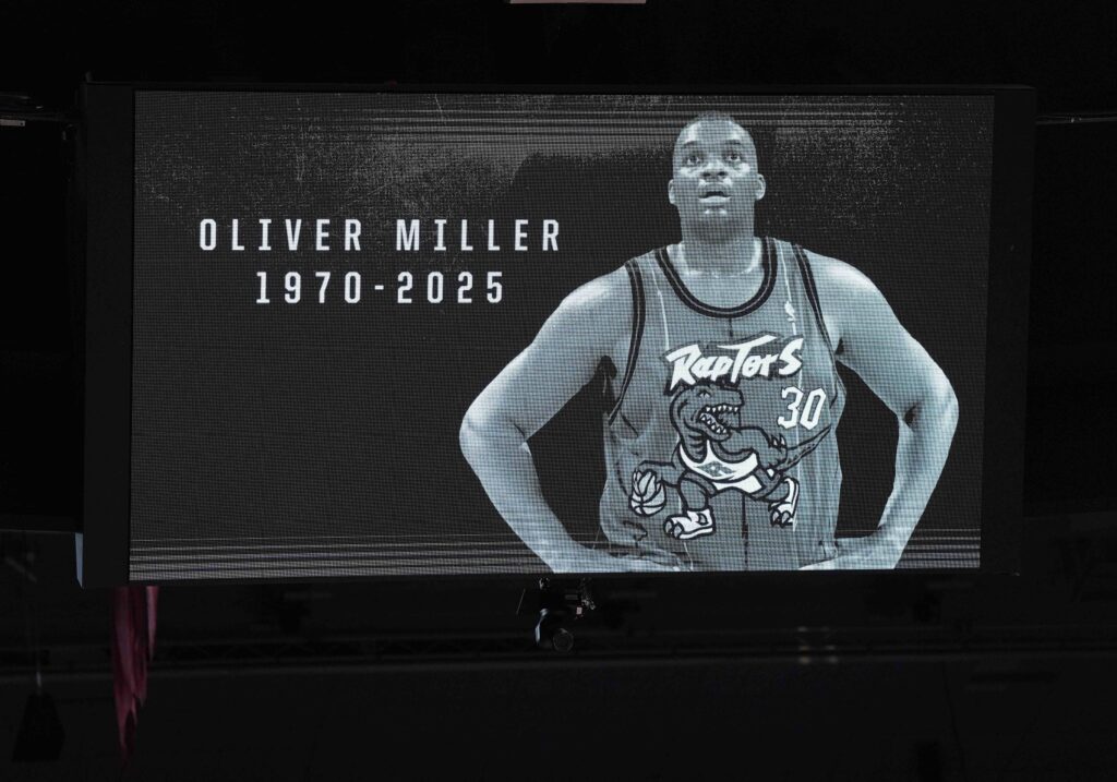Mar 12, 2025; Toronto, Ontario, CAN; A moment of silence is observed for former Toronto Raptors player Oliver Miller before a game against the Philadelphia 76ers at Scotiabank Arena. Mandatory Credit: Nick Turchiaro-Imagn Images