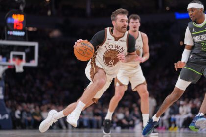 Jan 26, 2026; Minneapolis, Minnesota, USA; Golden State Warriors guard Pat Spencer (61) dribbles against the Minnesota Timberwolves in the second quarter at Target Center. Mandatory Credit: Brad Rempel-Imagn Images