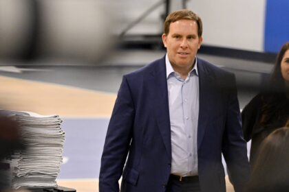Dallas Mavericks governor Patrick Dumont arrives at a press conference at the Dallas Mavericks Practice Facility.
