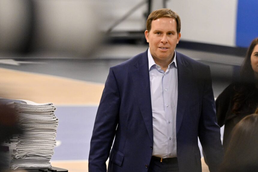 Dallas Mavericks governor Patrick Dumont arrives at a press conference at the Dallas Mavericks Practice Facility.
