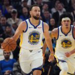 Jan 20, 2026; San Francisco, California, USA; Golden State Warriors guard Stephen Curry (30) dribbles upcourt against the Toronto Raptors as forward Gui Santos (15) trails in the second quarter at Chase Center. Mandatory Credit: David Gonzales-Imagn Images