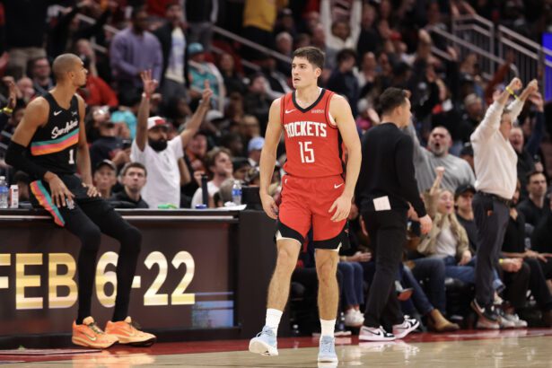 Jan 20, 2026; Houston, Texas, USA; Houston Rockets guard Reed Sheppard (15) reacts to his basket against the San Antonio Spurs in the second half at Toyota Center. Mandatory Credit: Thomas Shea-Imagn Images