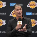 Sep 25, 2024; El Segundo, CA, USA; Los Angeles Lakers general manager Rob Pelinka at press conference at UCLA Health Training Center. Mandatory Credit: Kirby Lee-Imagn Images