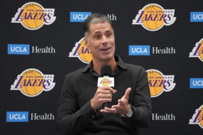 Sep 25, 2024; El Segundo, CA, USA; Los Angeles Lakers general manager Rob Pelinka at press conference at UCLA Health Training Center. Mandatory Credit: Kirby Lee-Imagn Images