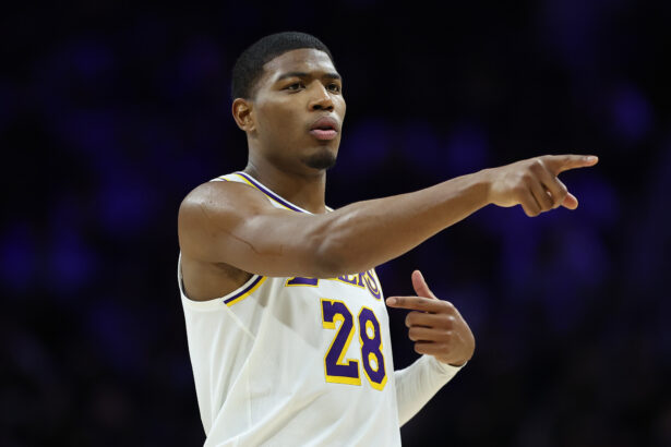 Dec 7, 2025; Philadelphia, Pennsylvania, USA; Los Angeles Lakers forward Rui Hachimura (28) reacts during the second quarter against the Philadelphia 76ers at Xfinity Mobile Arena. Mandatory Credit: Bill Streicher-Imagn Images