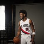Sep 29, 2025; Portland, OR, USA; Portland Trail Blazers guard Scoot Henderson (00) during media day at the Moda Center. Mandatory Credit: Troy Wayrynen-Imagn Images