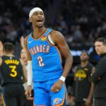 Oklahoma City Thunder guard Shai Gilgeous-Alexander (2) reacts after making a three point basket against the Golden State Warriors during the third quarter at Chase Center.