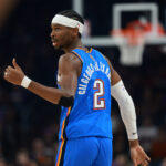 Jan 4, 2026; Phoenix, Arizona, USA; Detailed view of the jersey of Oklahoma City Thunder guard Shai Gilgeous-Alexander (2) against the Phoenix Suns at Mortgage Matchup Center. Mandatory Credit: Mark J. Rebilas-Imagn Images