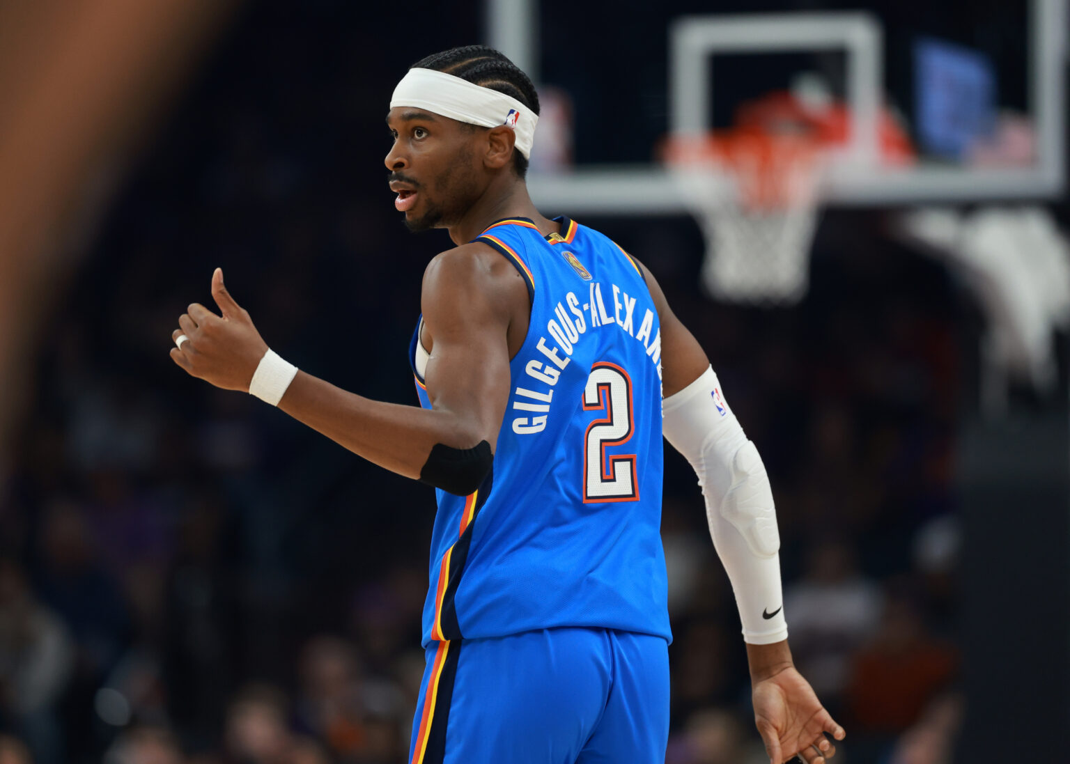 Jan 4, 2026; Phoenix, Arizona, USA; Detailed view of the jersey of Oklahoma City Thunder guard Shai Gilgeous-Alexander (2) against the Phoenix Suns at Mortgage Matchup Center. Mandatory Credit: Mark J. Rebilas-Imagn Images