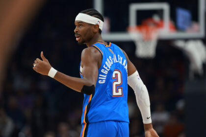 Jan 4, 2026; Phoenix, Arizona, USA; Detailed view of the jersey of Oklahoma City Thunder guard Shai Gilgeous-Alexander (2) against the Phoenix Suns at Mortgage Matchup Center. Mandatory Credit: Mark J. Rebilas-Imagn Images