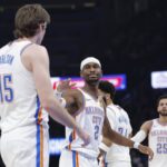 Jan 5, 2026; Oklahoma City, Oklahoma, USA; Oklahoma City Thunder guard Shai Gilgeous-Alexander (2) high fives center Branden Carlson (15) after a play against the Charlotte Hornets during the second quarter at Paycom Center. Mandatory Credit: Alonzo Adams-Imagn Images