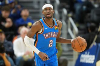 Jan 2, 2026; San Francisco, California, USA; Oklahoma City Thunder guard Shai Gilgeous-Alexander (2) during the third quarter against the Golden State Warriors at Chase Center. Mandatory Credit: Darren Yamashita-Imagn Images