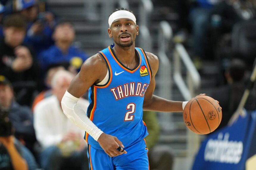 Jan 2, 2026; San Francisco, California, USA; Oklahoma City Thunder guard Shai Gilgeous-Alexander (2) during the third quarter against the Golden State Warriors at Chase Center. Mandatory Credit: Darren Yamashita-Imagn Images