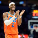 Jan 29, 2026; Minneapolis, Minnesota, USA; Oklahoma City Thunder guard Shai Gilgeous-Alexander (2) gestures to teammates in the second quarter against the Minnesota Timberwolves at Target Center. Mandatory Credit: Matt Blewett-Imagn Images