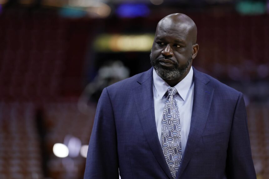 Shaquille O'Neal looks on before game four between the Miami Heat and the Boston Celtics in the Eastern Conference Finals for the 2023 NBA playoffs at Kaseya Center.