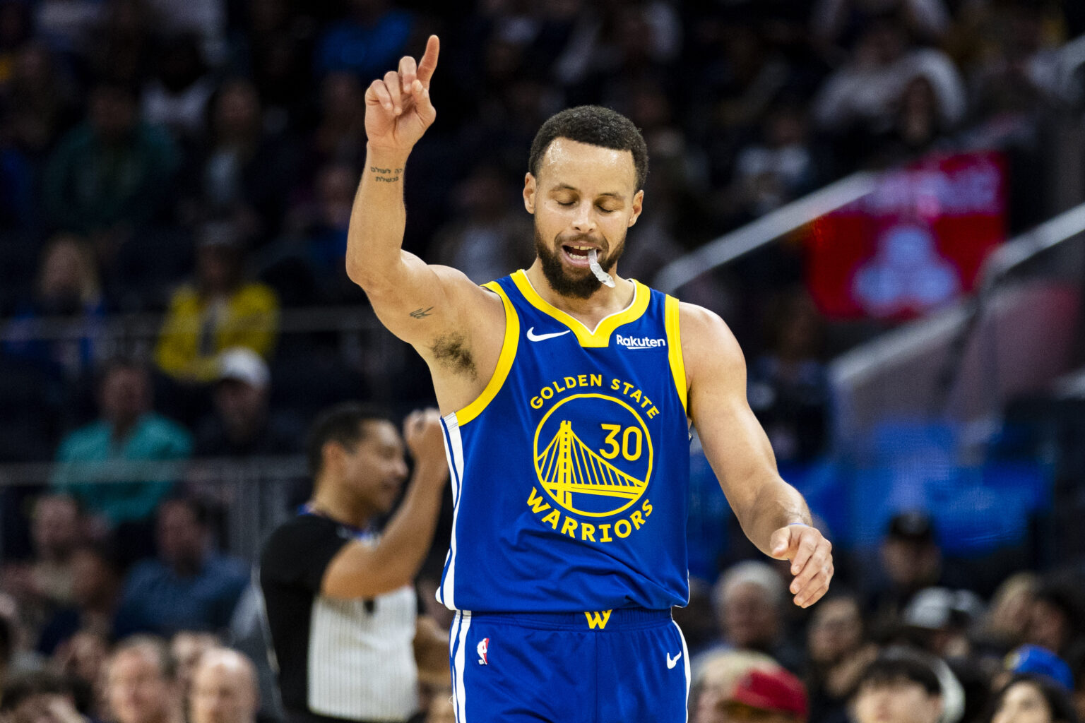 Jan 3, 2026; San Francisco, California, USA; Golden State Warriors guard Stephen Curry (30) reacts during the third quarter against the Utah Jazz at Chase Center. Mandatory Credit: John Hefti-Imagn Images